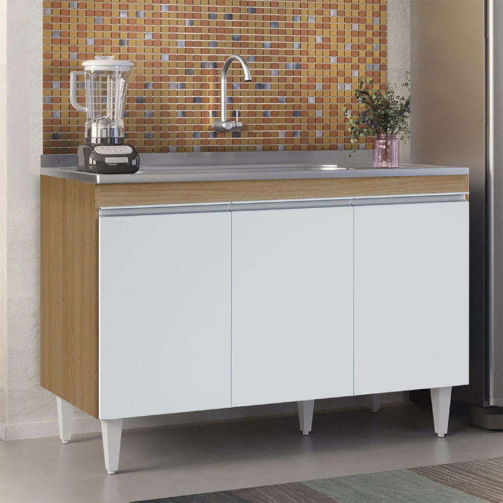 Balcão de Cozinha com Pia Inox 120cm Manu Amêndoa/Branco    - AJL Móveis