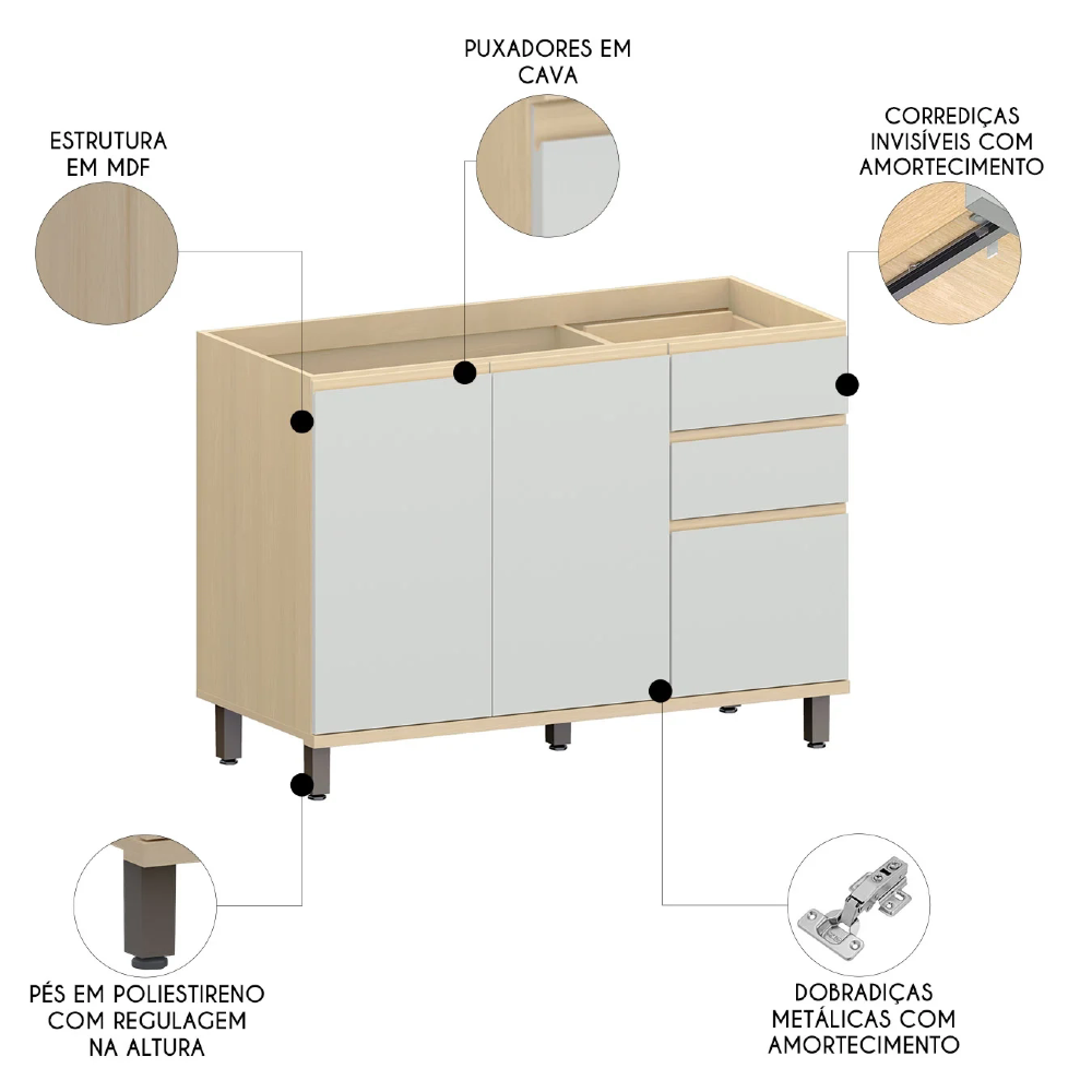 Balcão de Cozinha Para Pia 120cm Pierre Carvalho/Cinza L01 - Mpozenato