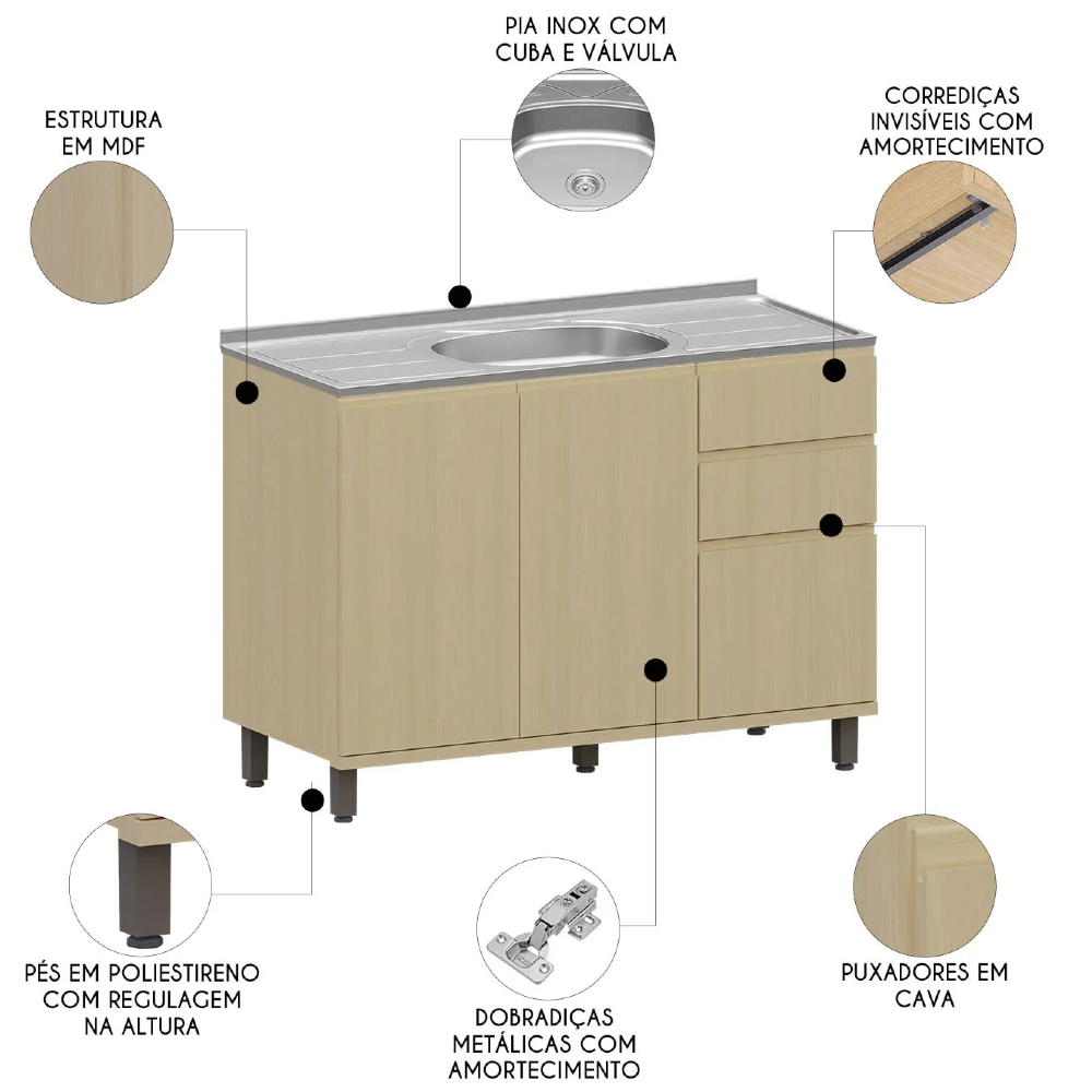 Balcão de Cozinha Com Pia Inox 120cm Pierre Carvalho L01 - Mpozenato