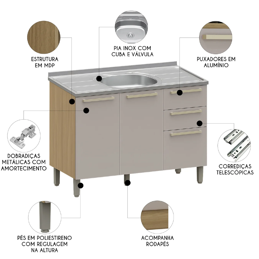 Balcão de Cozinha Com Pia Inox 120cm Mirella Freijó/Cinammon L01 - Mpozenato