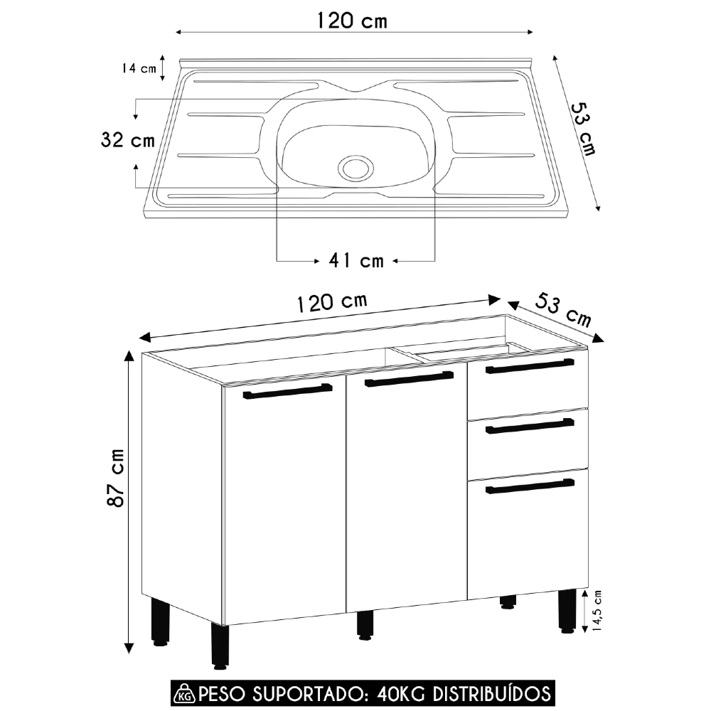 Balcão de Cozinha Com Pia Inox 120cm Mirella Freijó/Cinammon L01 - Mpozenato