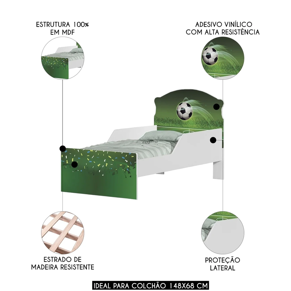 Mini Cama Infantil 148x68cm Com Proteção Lateral Futebol K06 - Mpozenato