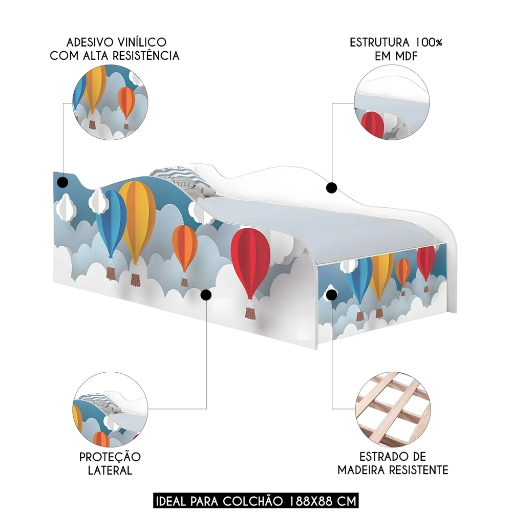 Cama Solteiro Infantil Baixa Para Colchão 188x88cm Balões K06 - Mpozenato