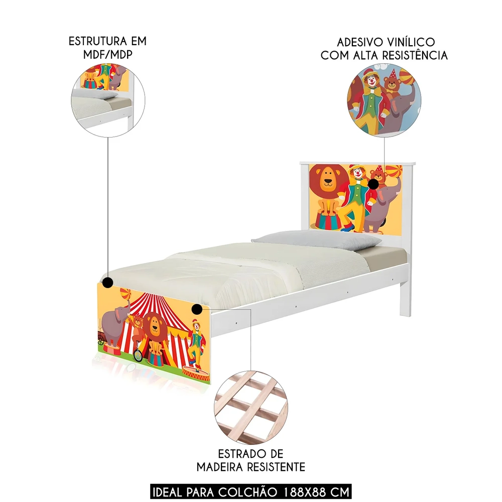 Cama Solteiro Infantil Para Colchão 188x88cm Circo K06 - Mpozenato