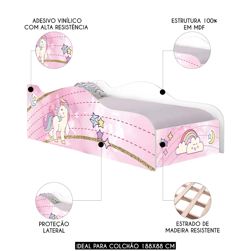 Cama Solteiro Infantil Baixa Para Colchão 188x88cm Unicórnio K06 - Mpozenato