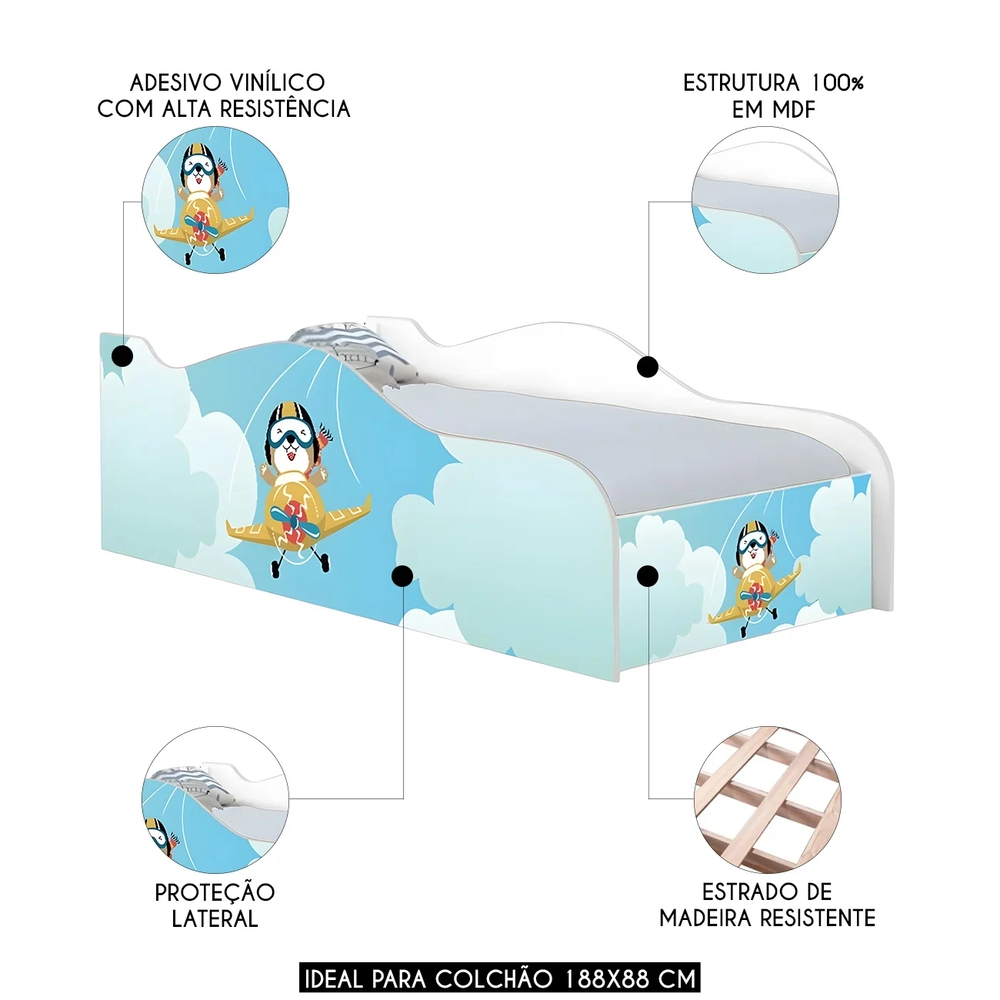 Cama Solteiro Infantil Baixa Para Colchão 188x88cm Aviador K06 - Mpozenato