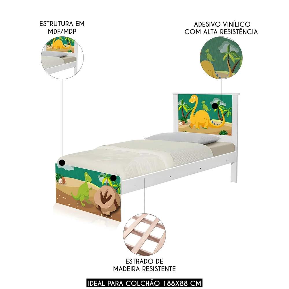 Cama Solteiro Infantil Para Colchão 188x88cm Dinossauro K06 - Mpozenato