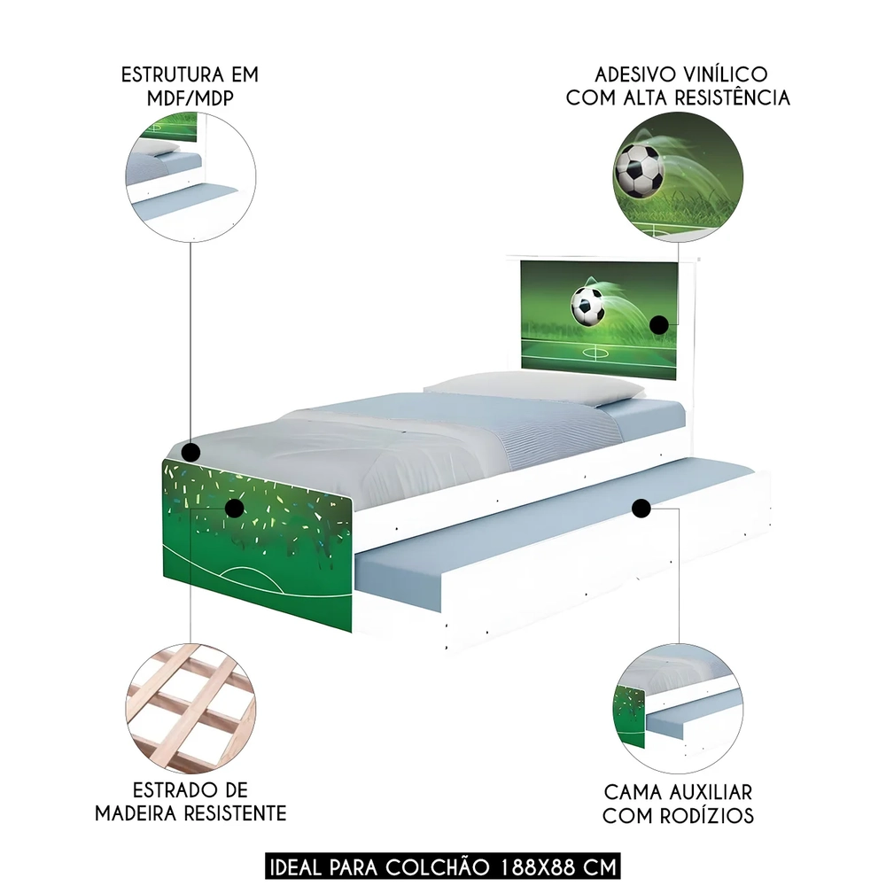 Cama Solteiro Infantil Com Auxiliar 188x88cm Futebol K06 - Mpozenato