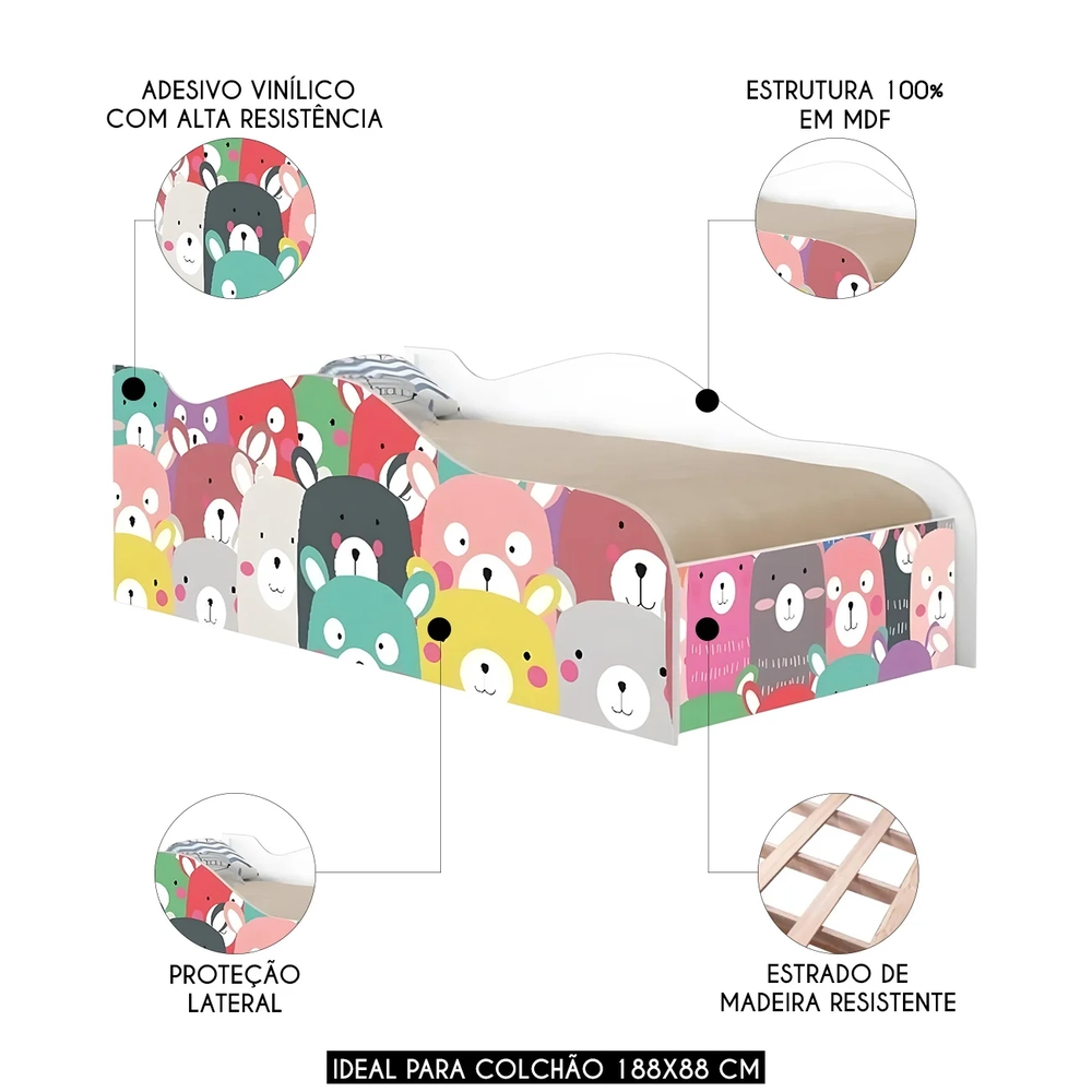 Cama Solteiro Infantil Baixa Para Colchão 188x88cm Ursinhos K06 - Mpozenato