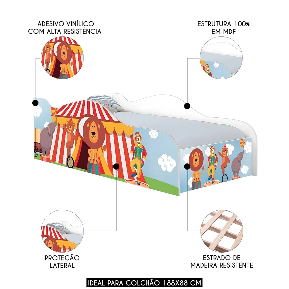 Cama Solteiro Infantil Baixa Para Colchão 188x88cm Circo K06 - Mpozenato