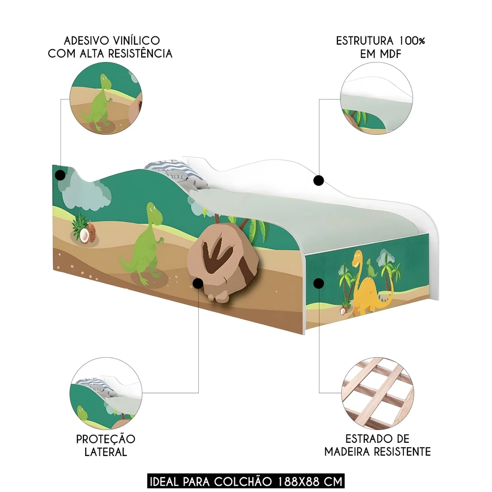 Cama Solteiro Infantil Baixa Para Colchão 188x88cm Dinossauro K06 - Mpozenato