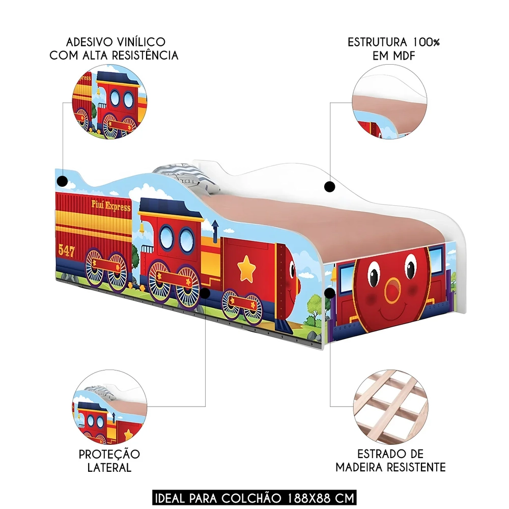 Cama Solteiro Infantil Baixa Para Colchão 188x88cm Trenzinho K06 - Mpozenato