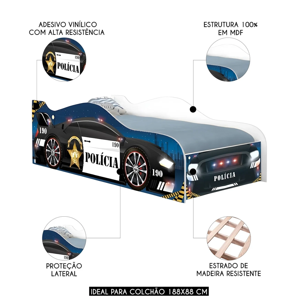 Cama Solteiro Infantil Baixa Para Colchão 188x88cm Policial K06 - Mpozenato