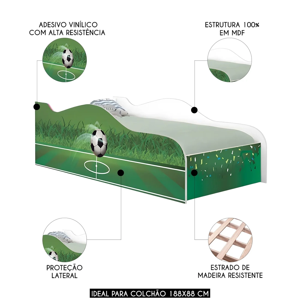 Cama Solteiro Infantil Baixa Para Colchão 188x88cm Futebol K06 - Mpozenato