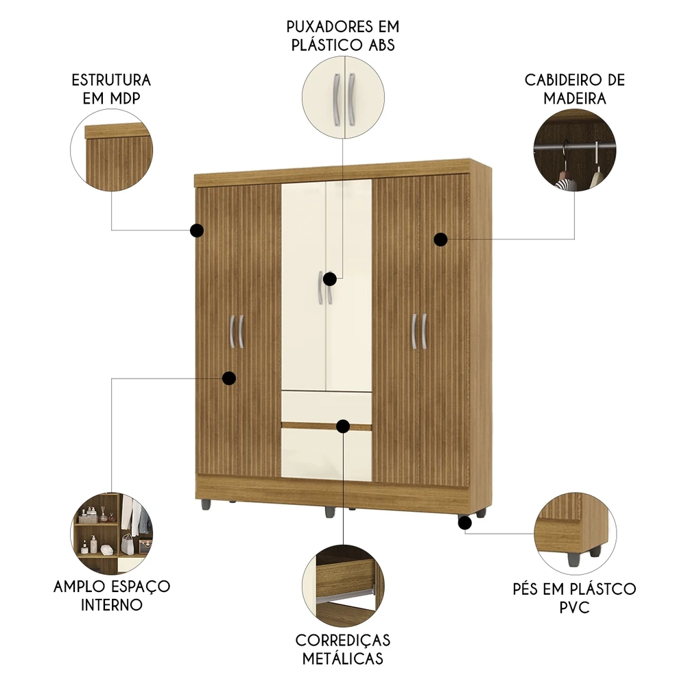 Guarda Roupa Solteiro 154cm Com 6 Portas Mayra Nature/Champanhe V02 - Mpozenato