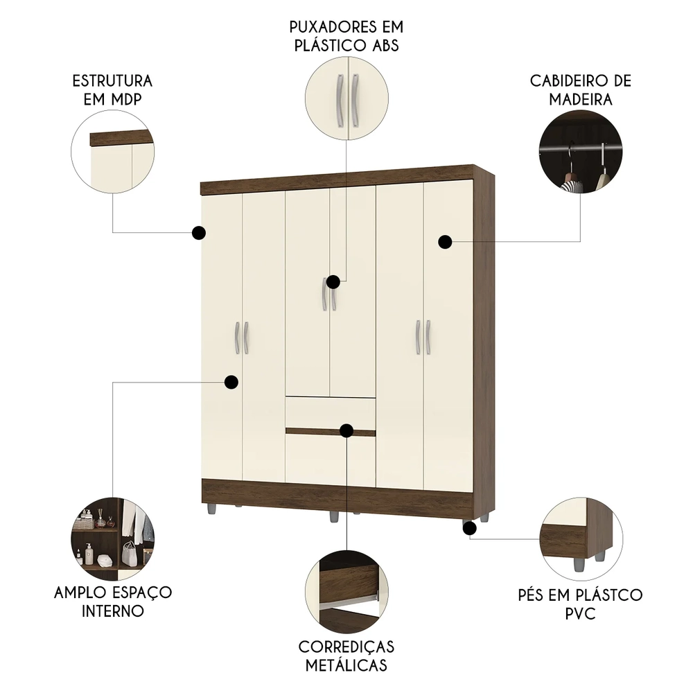 Guarda Roupa Solteiro 154cm Com 6 Portas Mayra Imbuia/Champanhe V02 - Mpozenato