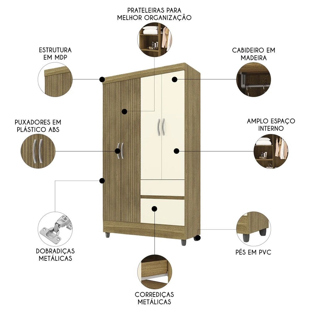 Guarda Roupa Solteiro 103cm Com 4 Portas Mayra Nature/Champanhe V02 - Mpozenato