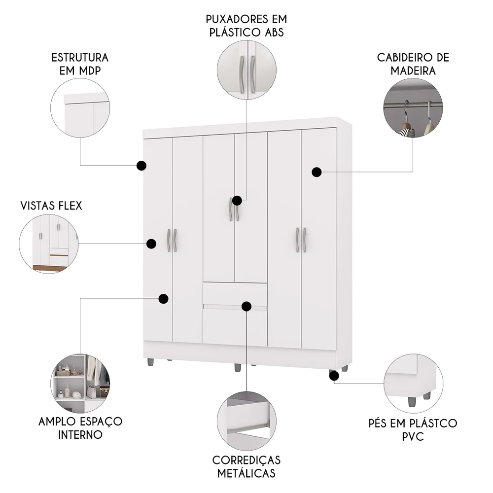 Guarda Roupa Solteiro 154cm Com 6 Portas Mayra Branco Flex V02 - Mpozenato