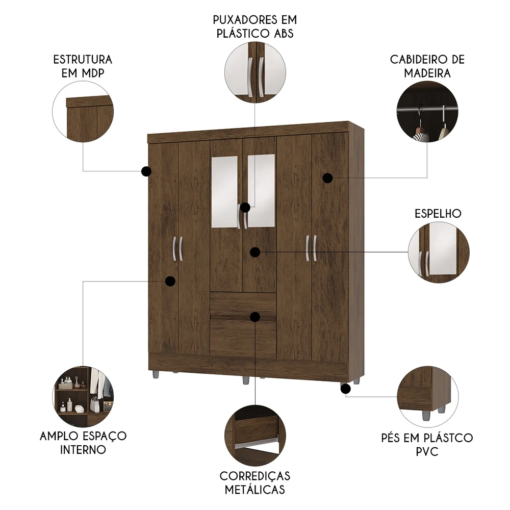 Guarda Roupa Solteiro 154cm Com Espelho Mayra Imbuia V02 - Mpozenato