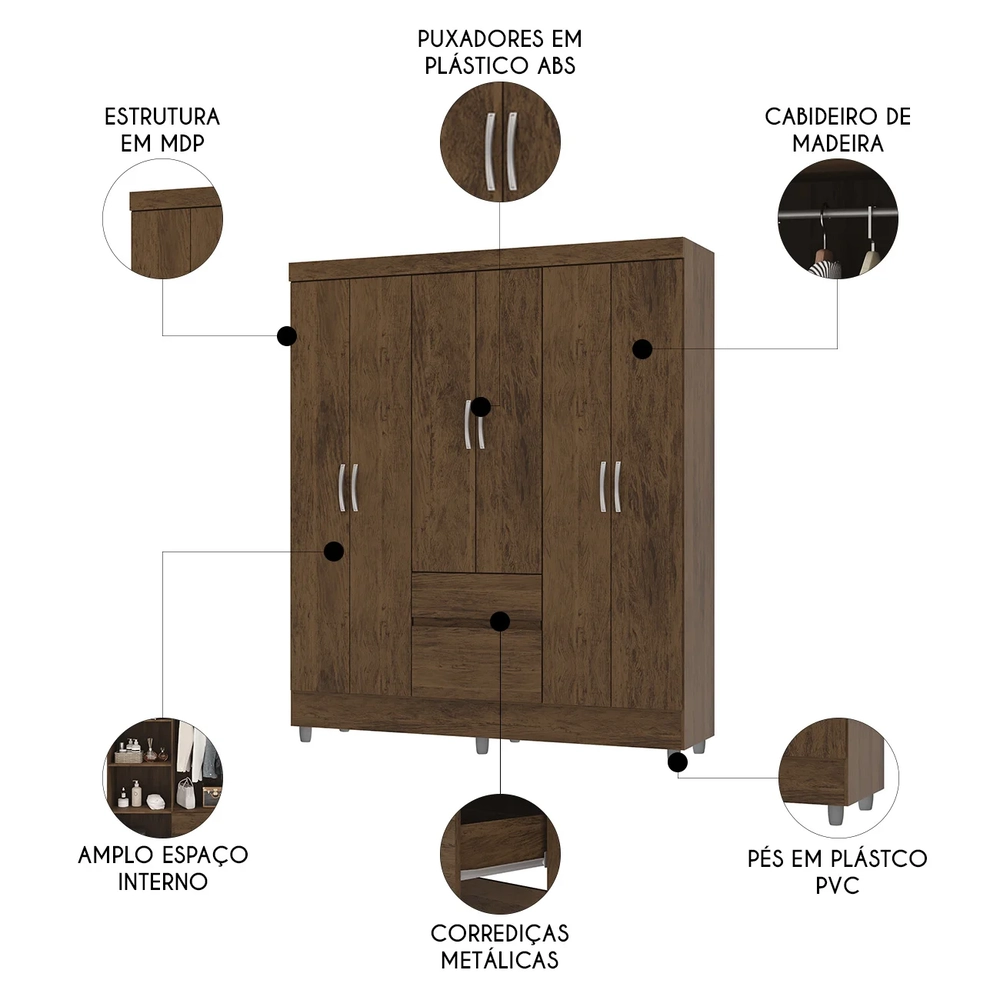 Guarda Roupa Solteiro 154cm Com 6 Portas Mayra Imbuia V02 - Mpozenato