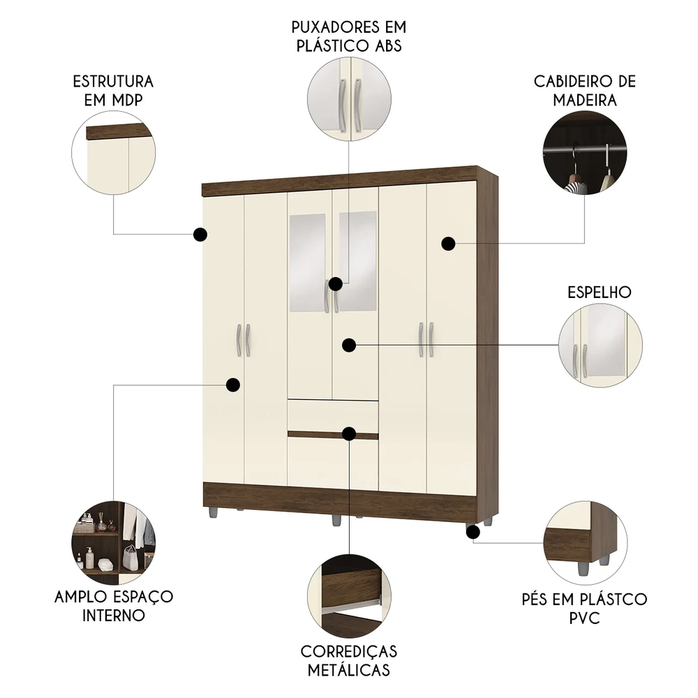 Guarda Roupa Solteiro 154cm Com Espelho Mayra Imbuia/Champanhe V02 - Mpozenato
