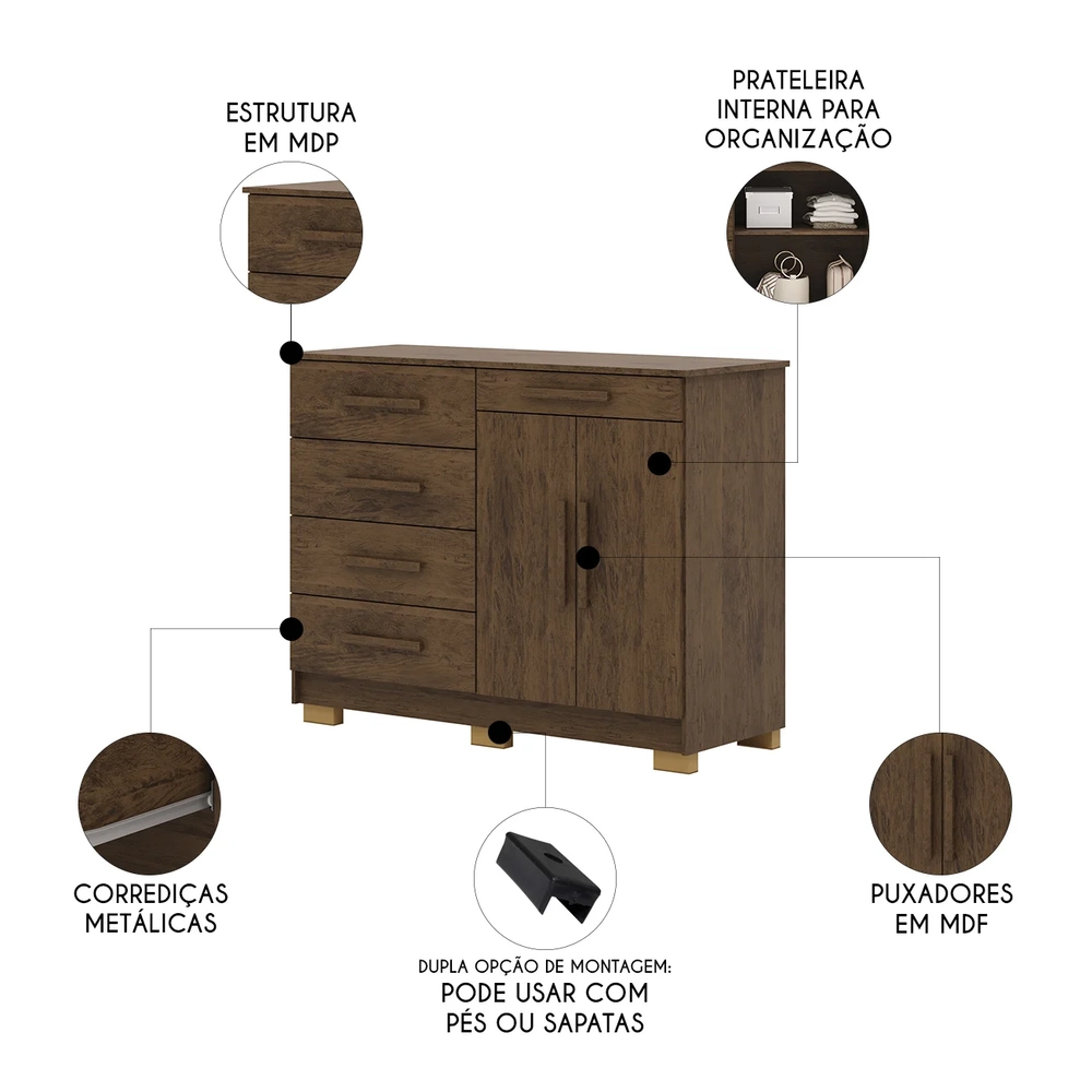 Cômoda Quarto Sapateira 2 Portas 4 Gavetas Lírio Imbuia V02 - Mpozenato