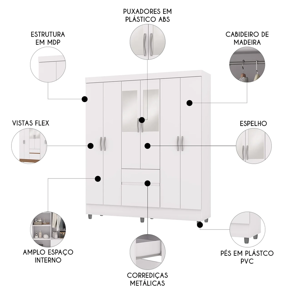 Guarda Roupa Solteiro 154cm Com Espelho Mayra Branco Flex V02 - Mpozenato