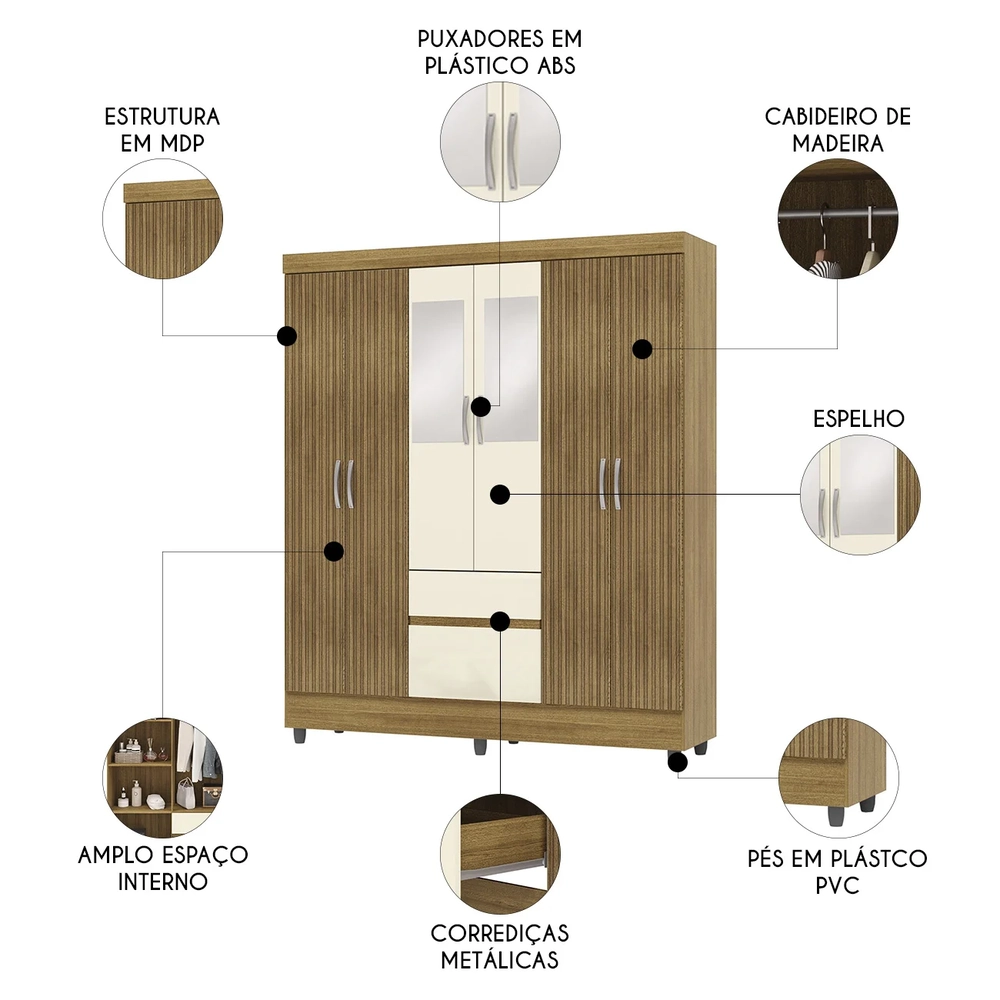 Guarda Roupa Solteiro 154cm Com Espelho Mayra Nature/Champanhe V02 - Mpozenato