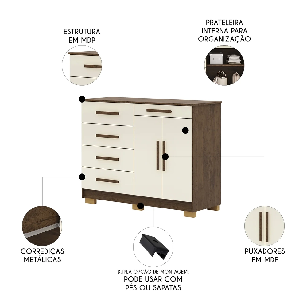 Cômoda Quarto Sapateira 2 Portas 4 Gavetas Lírio Imbuia/Champanhe V02 - Mpozenato