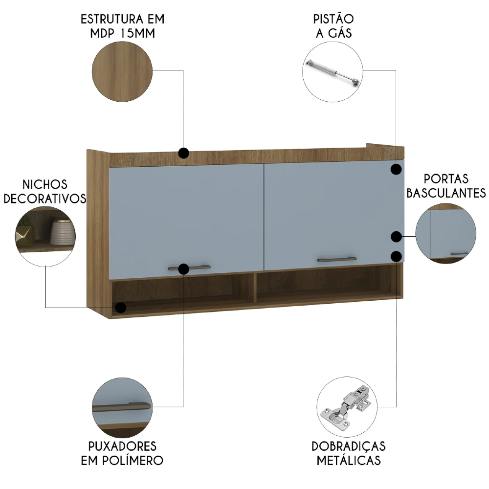 Armário Aéreo Ponte Modulado 165cm Delphi Avelã/Grey L01 - Mpozenato