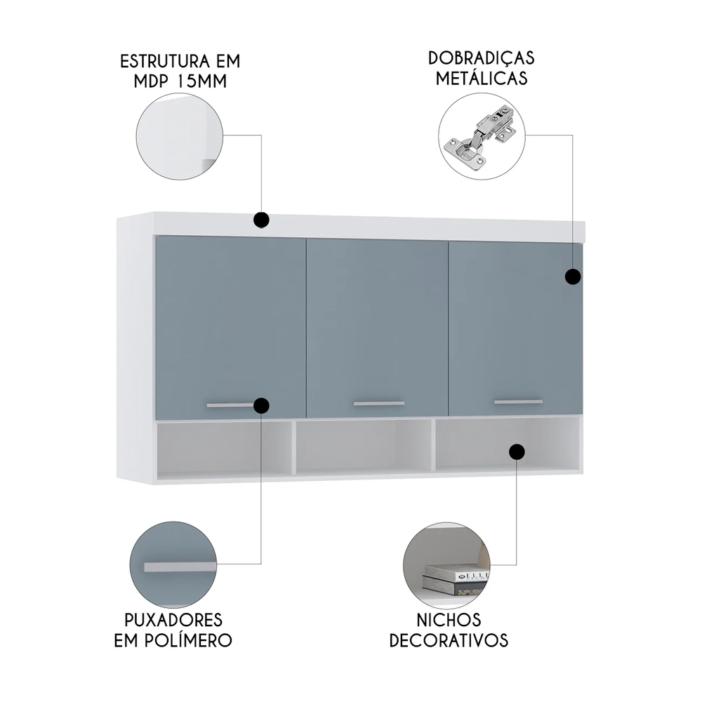Armário Aéreo Ponte Modulado 165cm Taiga Branco/Grey L01 - Mpozenato