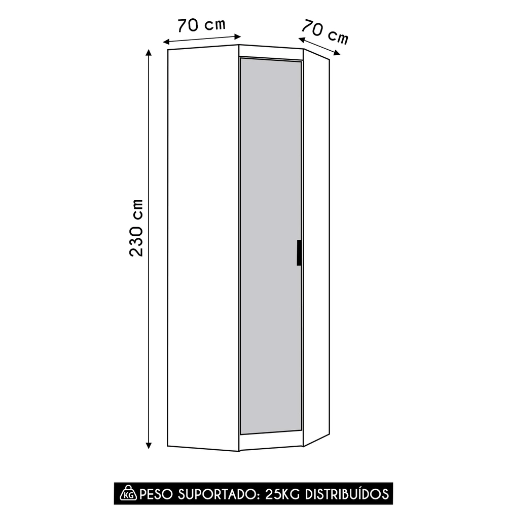 Guarda Roupa Canto Obliquo 70cm Espelho Taiga Branco L01    - Mpozenato