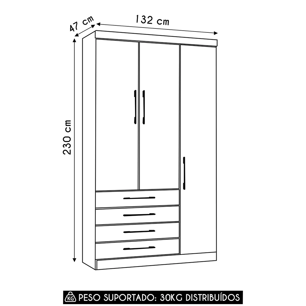 Guarda Roupa Solteiro 132cm 3 Portas 4 Gavetas Delphi Avelã/Cinnamon L01 - Mpozenato