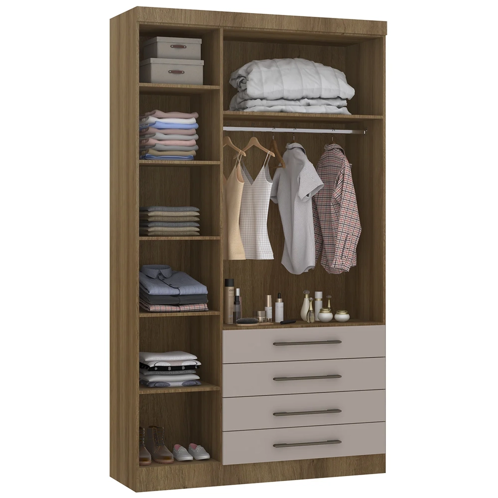 Guarda Roupa Solteiro 132cm 3 Portas 4 Gavetas Delphi Avelã/Cinnamon L01 - Mpozenato