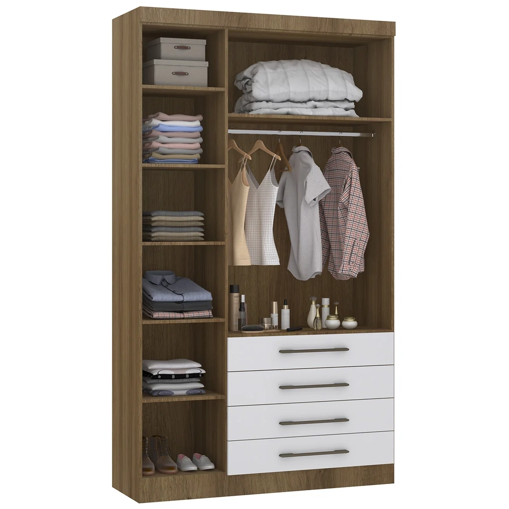 Guarda Roupa Solteiro 132cm 3 Portas 4 Gavetas Delphi Avelã/Branco L01 - Mpozenato