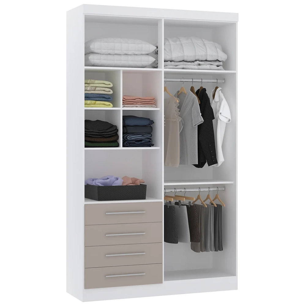 Guarda Roupa Solteiro 135cm 4 Portas 4 Gavetas Taiga Branco/Cinnamon L01 - Mpozenato