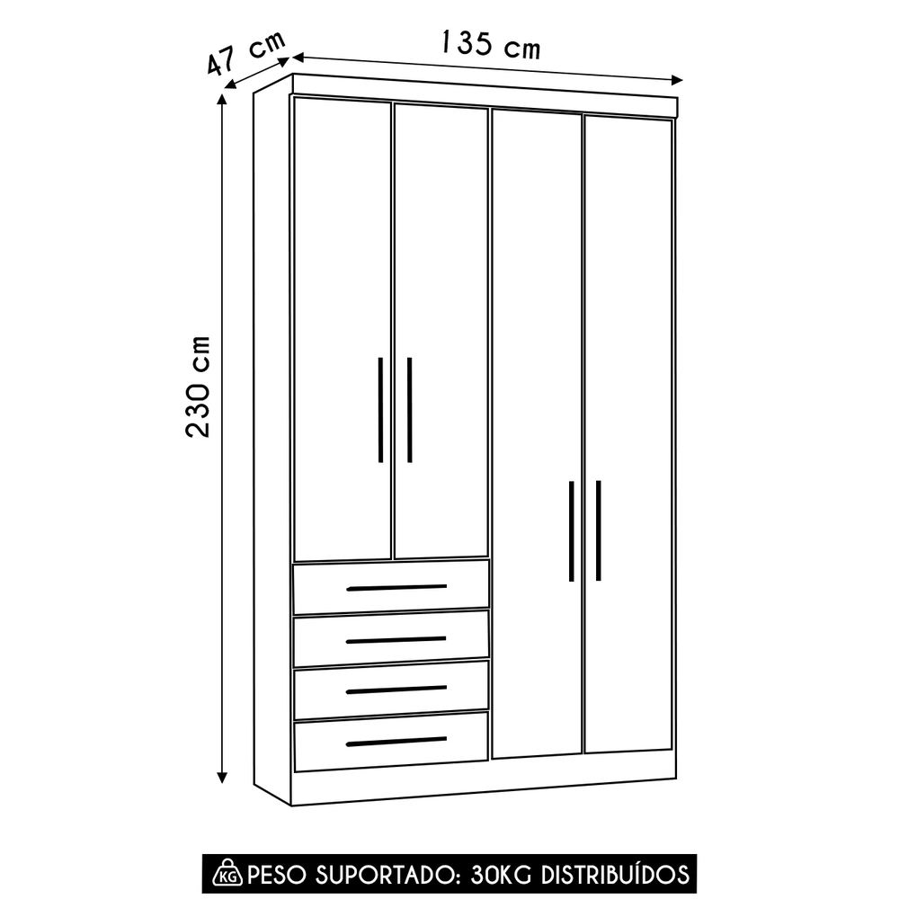 Guarda Roupa Solteiro 135cm 4 Portas 4 Gavetas Taiga Branco L01 - Mpozenato