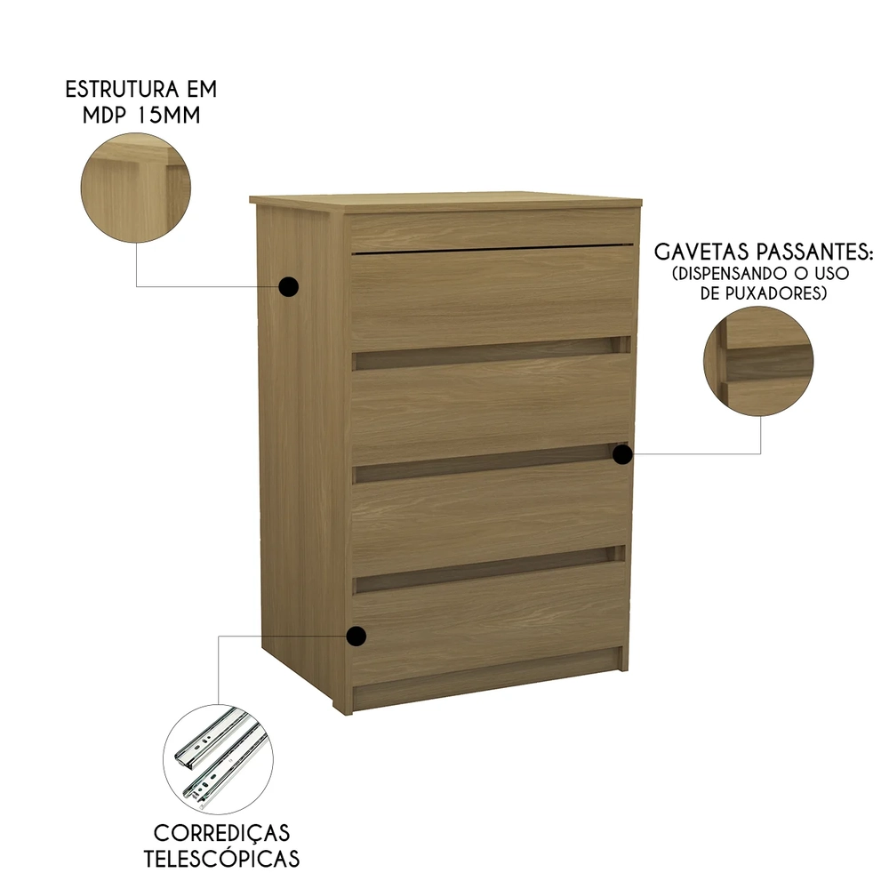 Cômoda Quarto Solteiro 63cm 4 Gavetas Samira Freijó L01 - Mpozenato