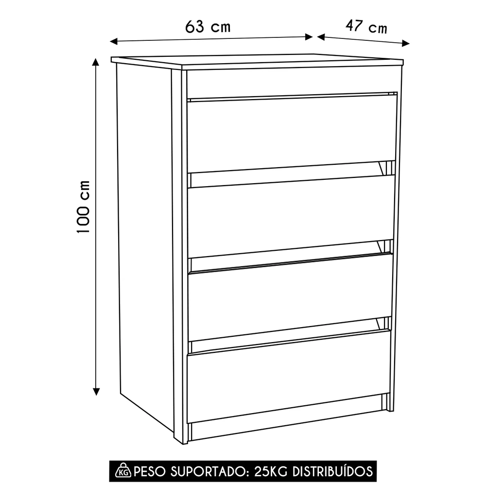 Cômoda Quarto Solteiro 63cm 4 Gavetas Samira Freijó L01 - Mpozenato