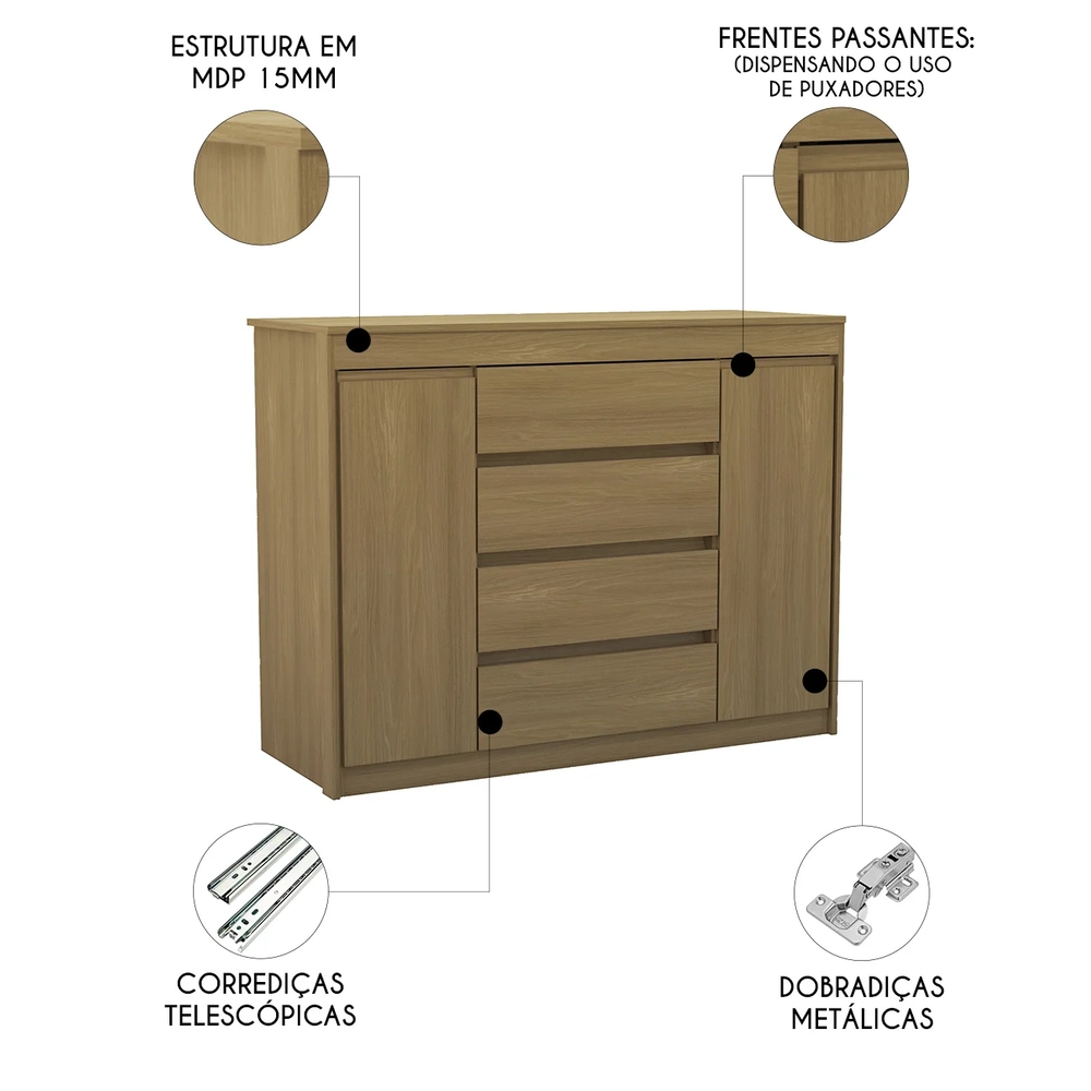 Cômoda Quarto 123cm 4 Gavetas 2 Portas Samira Freijó L01 - Mpozenato