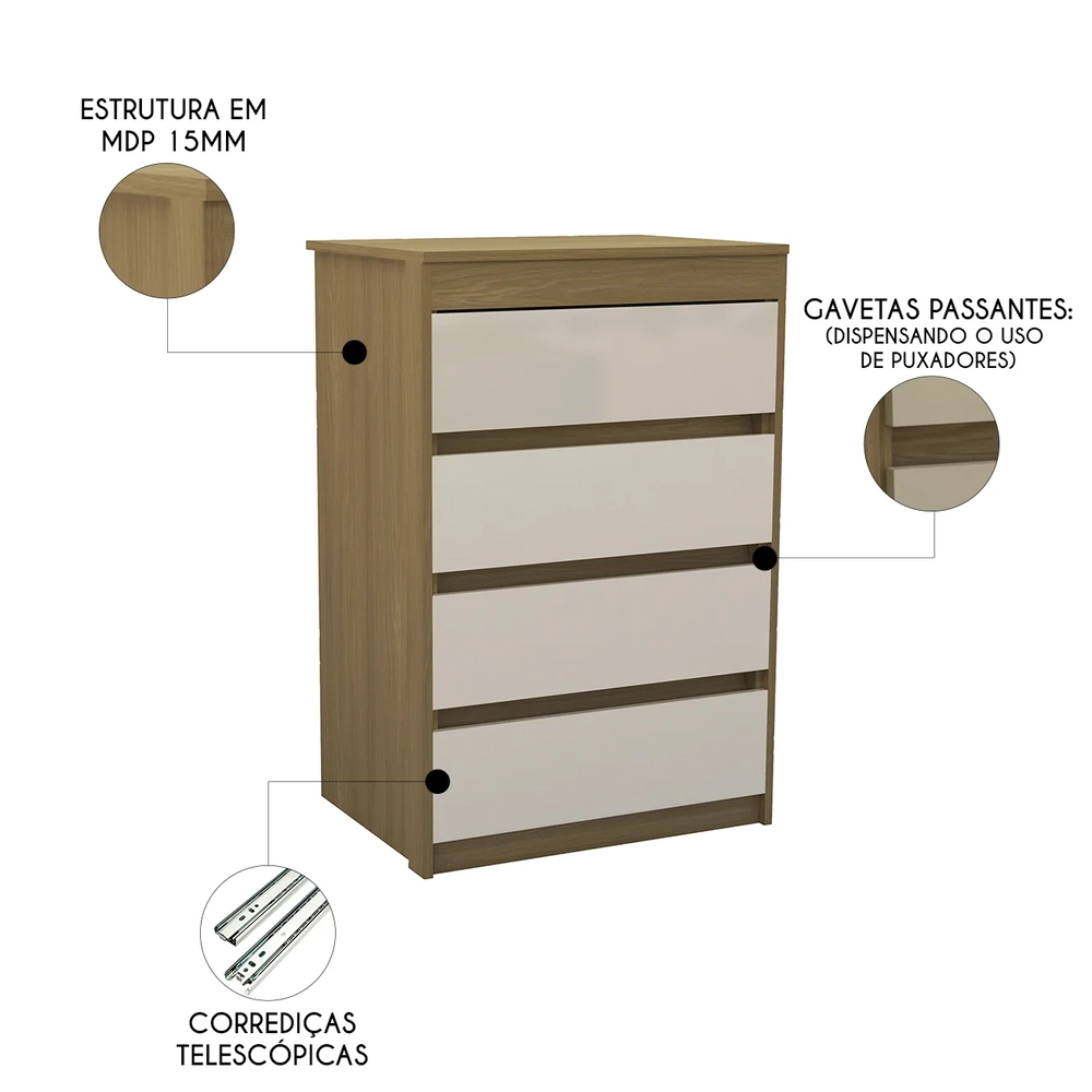 Cômoda Quarto Solteiro 63cm 4 Gavetas Samira Freijó/Mocca L01 - Mpozenato