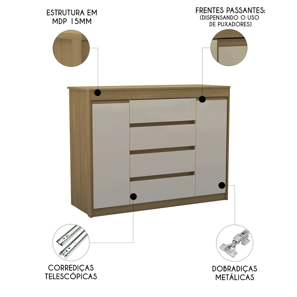 Cômoda Quarto 123cm 4 Gavetas 2 Portas Samira Freijó/Mocca L01 - Mpozenato