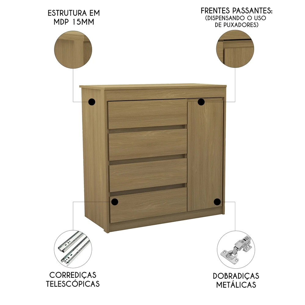 Cômoda Quarto 93cm 4 Gavetas 1 Porta Samira Freijó L01  - Mpozenato