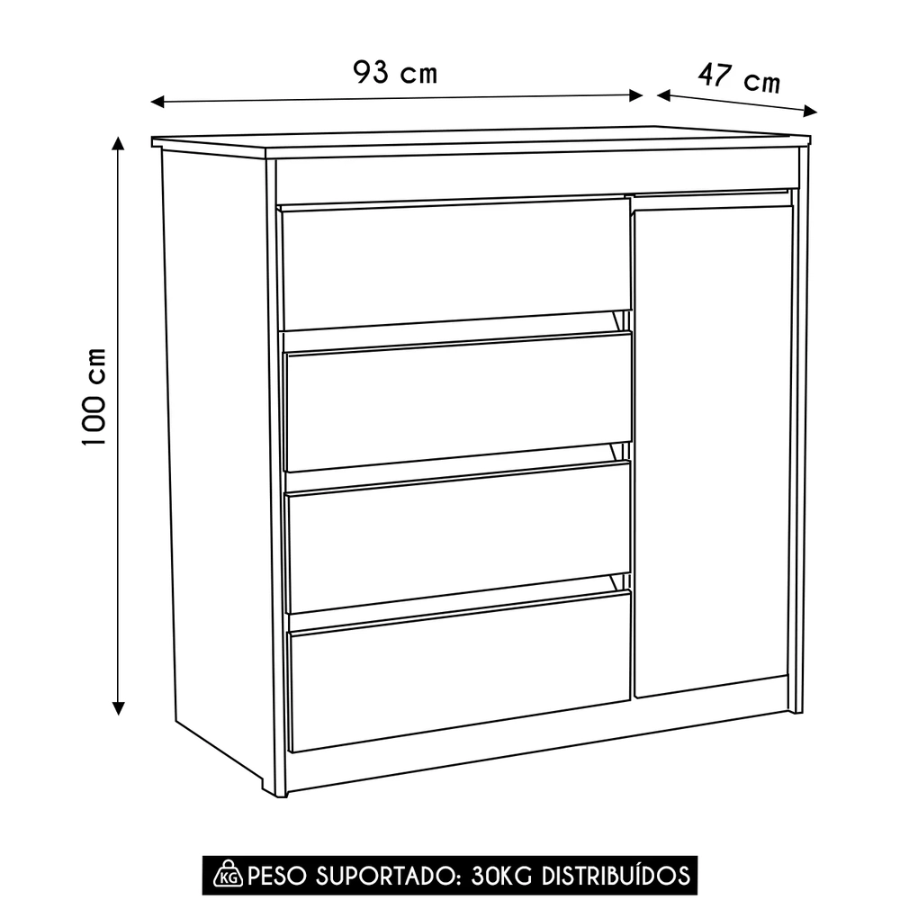 Cômoda Quarto 93cm 4 Gavetas 1 Porta Samira Freijó/Mocca L01 - Mpozenato