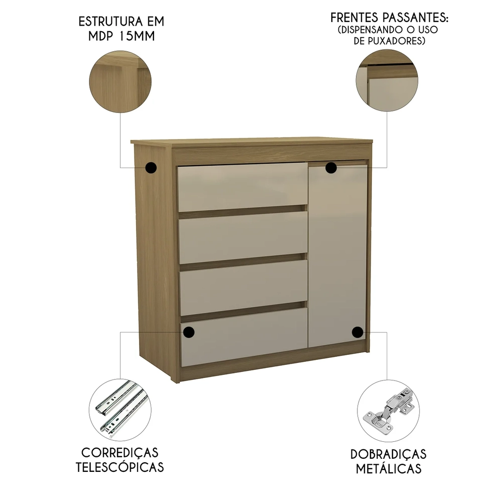 Cômoda Quarto 93cm 4 Gavetas 1 Porta Samira Freijó/Mocca L01 - Mpozenato