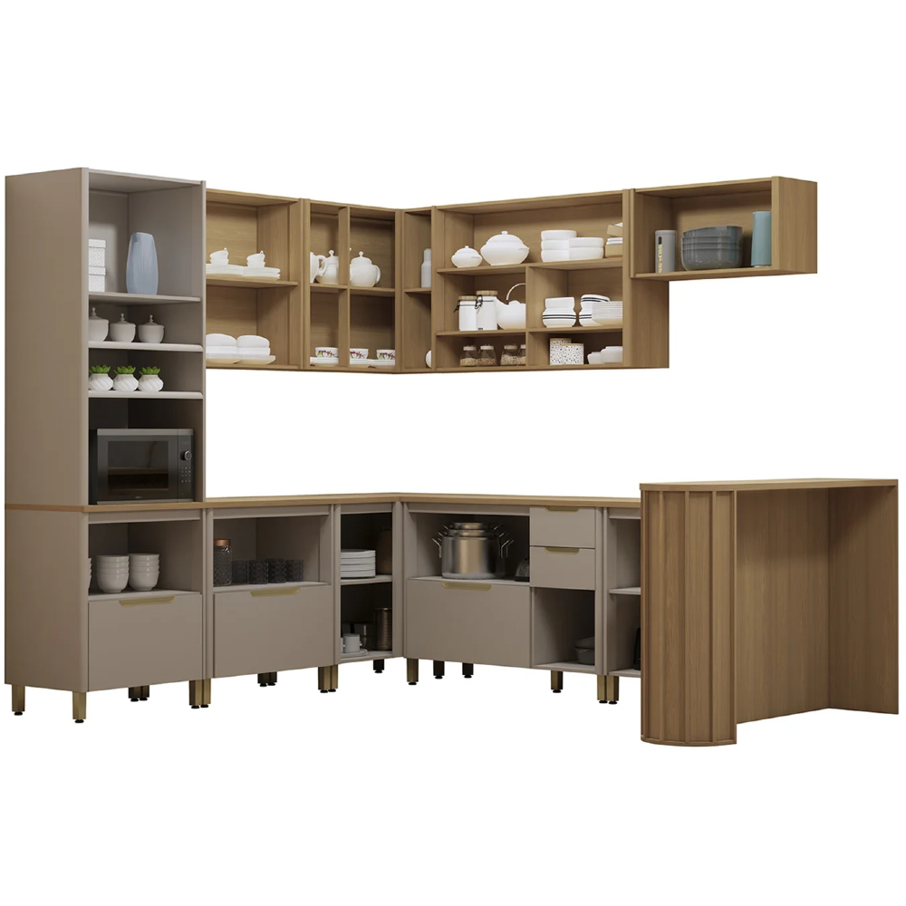 Armário Cozinha 10 Peças CP03 e Tampo Marina Cinammon/Freijó L01 - Mpozenato