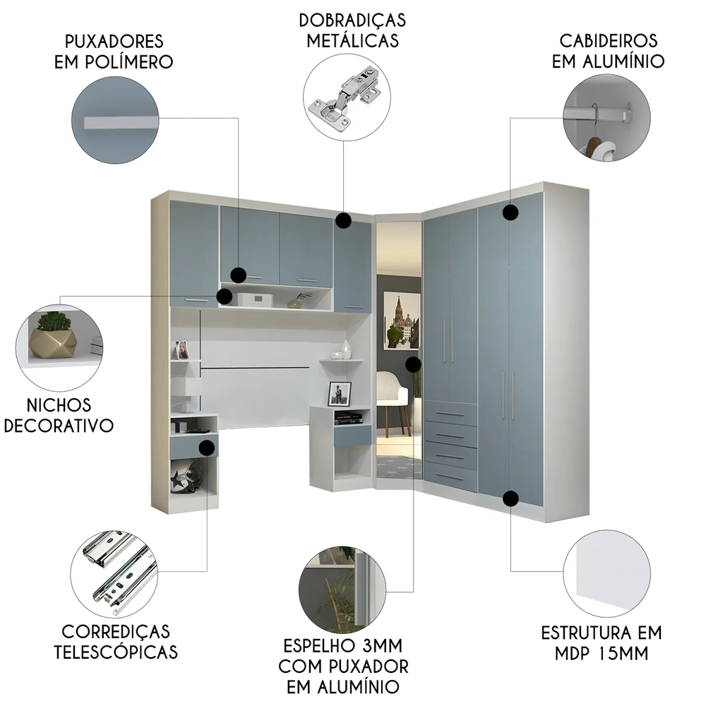 Guarda Roupa Solteiro Modulado CP01 Taiga Branco/Grey L01 - Mpozenato