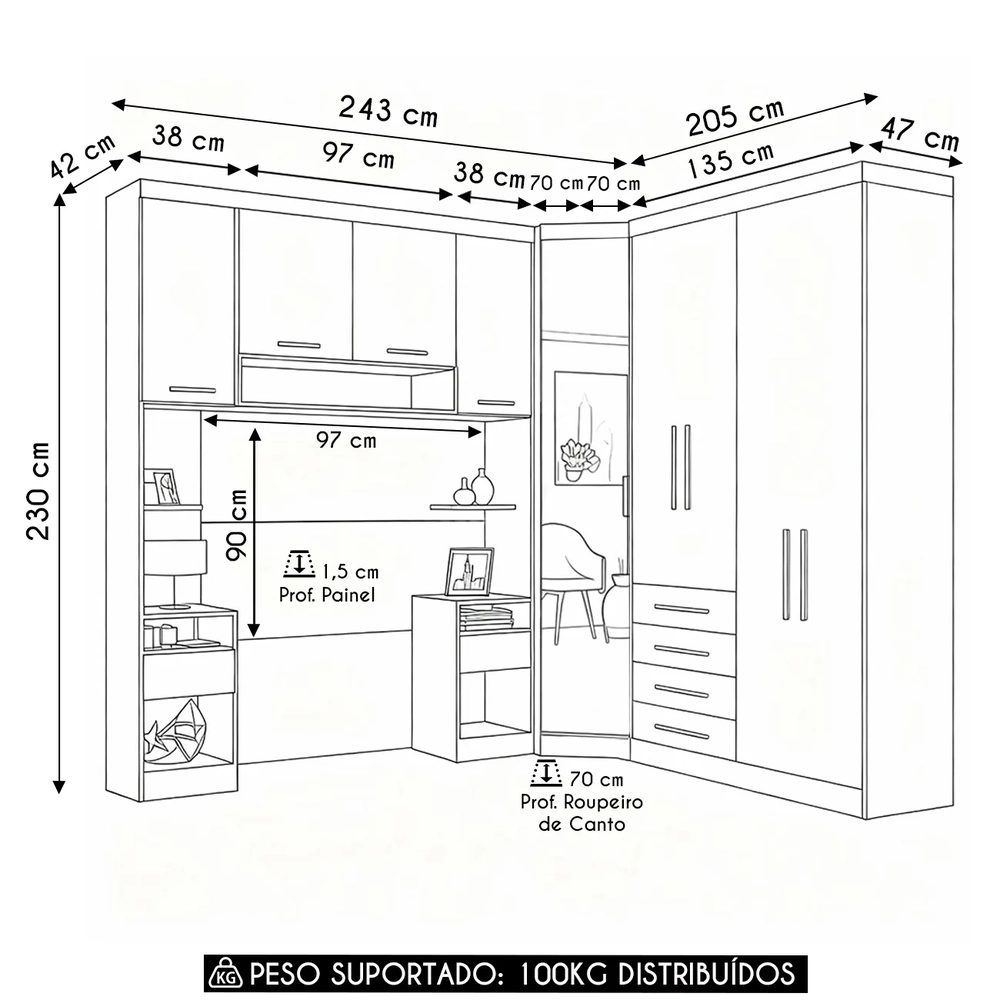Guarda Roupa Solteiro Modulado CP01 Taiga Branco/Grey L01 - Mpozenato