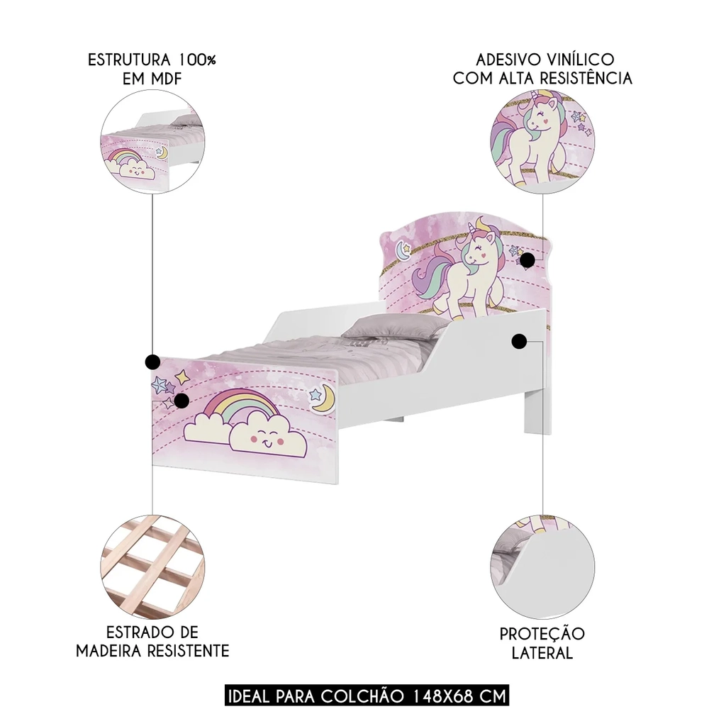 Mini Cama Infantil 148x68cm Com Proteção Lateral Unicórnio K06 - Mpozenato