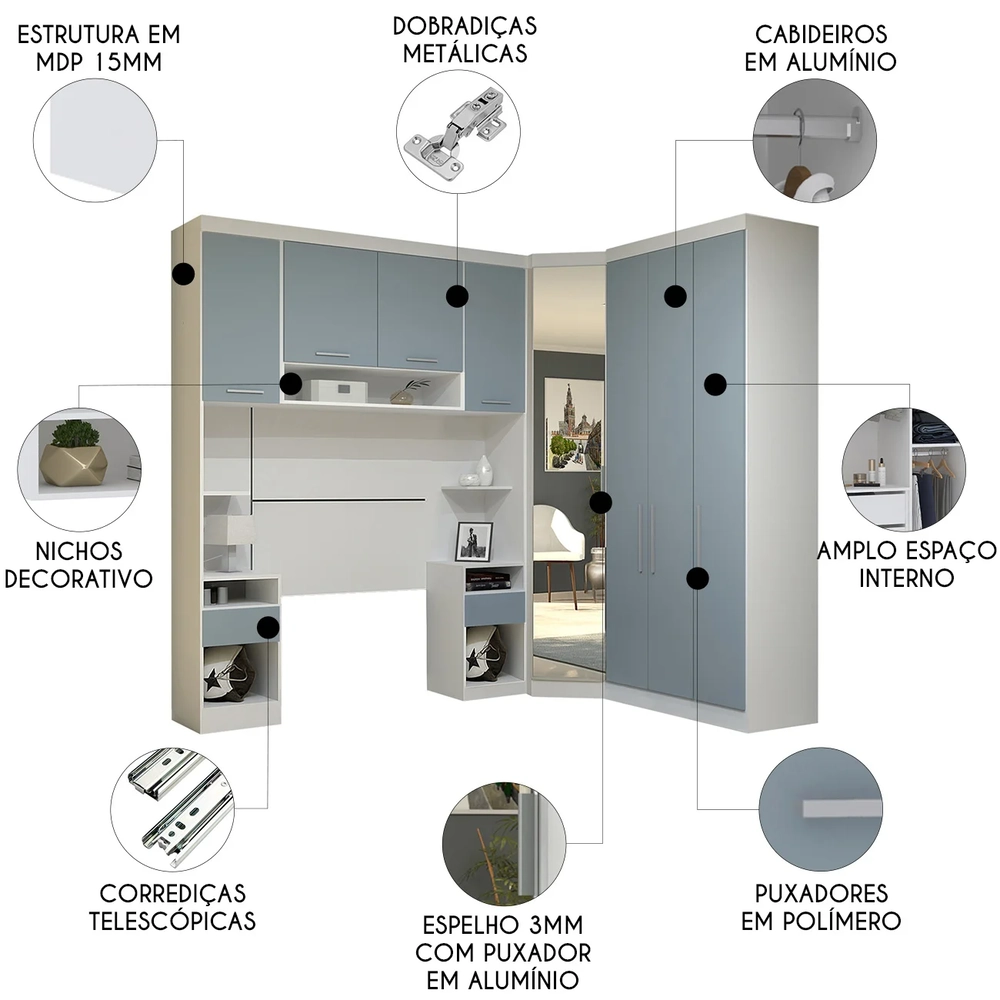 Guarda Roupa Solteiro Modulado CP03 Taiga Branco/Grey L01 - Mpozenato